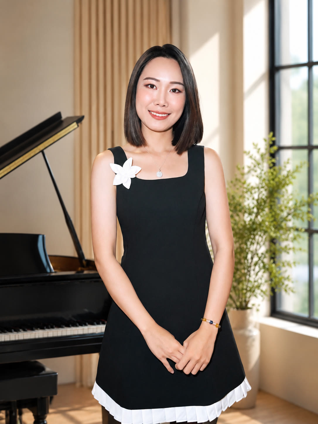Celyn Chua, pianist and music teacher, smiling in a black dress